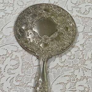 Vintage Victorian Vanity Mirror Silver Tone Handheld Mirror Art Deco